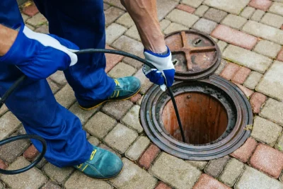 Plumber cleaning an outdoor sewer drain in Tucker
